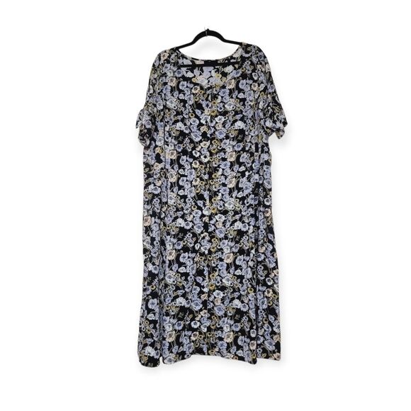 Ellos Womens Plus 30 Black Floral Button Front Midi - Knee Dress Bohemian Travel - Picture 7 of 8